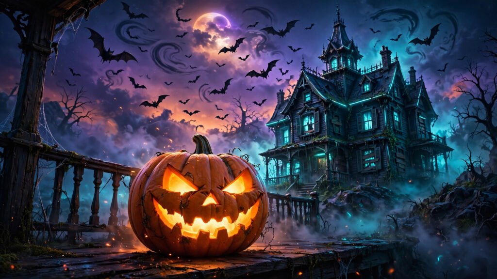 Spooky AI video prompts Halloween collection with a glowing jack-o-lantern and haunted house.