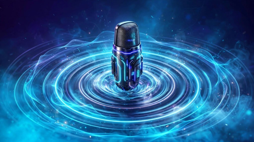 AI voiceover for videos: futuristic microphone with neon sound waves