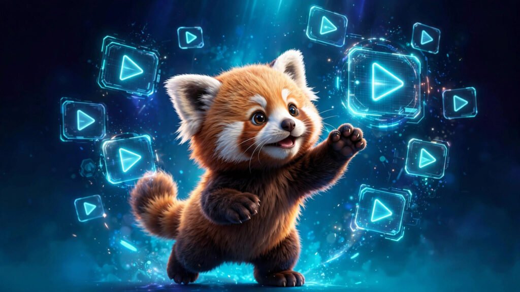 Cute baby red panda reaching for glowing video play buttons — cute animal ai video prompts featured image