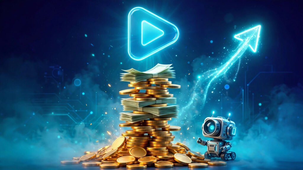 Make money with AI video clips guide featuring a play button and golden coins.