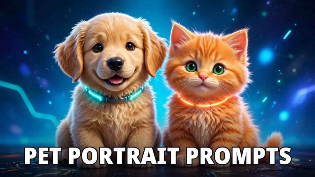 AI image prompts for pet portraits — golden retriever puppy and kitten