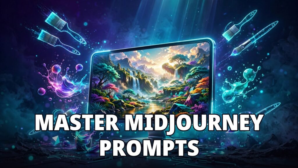 Guide on how to write Midjourney prompts - creative workspace with glowing AI art monitor