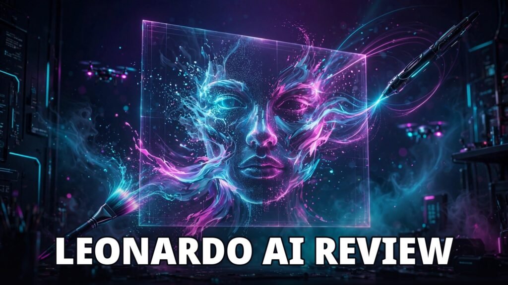 Leonardo AI review: glowing holographic AI art studio scene