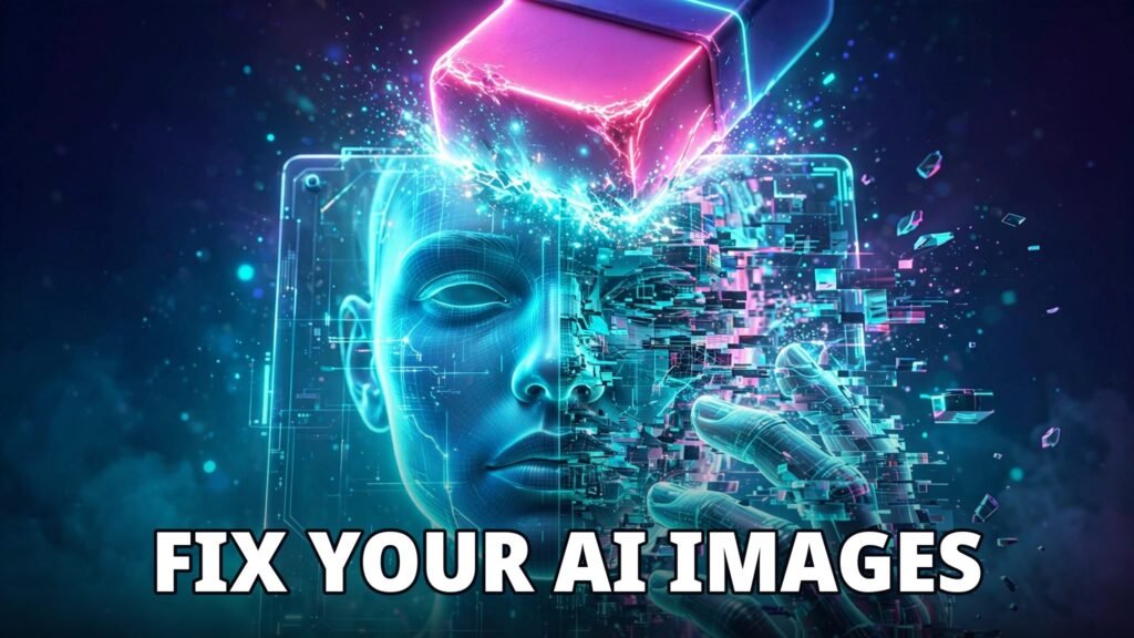 Negative prompts for ai images fixing deformed hands and artifacts on a glowing AI portrait