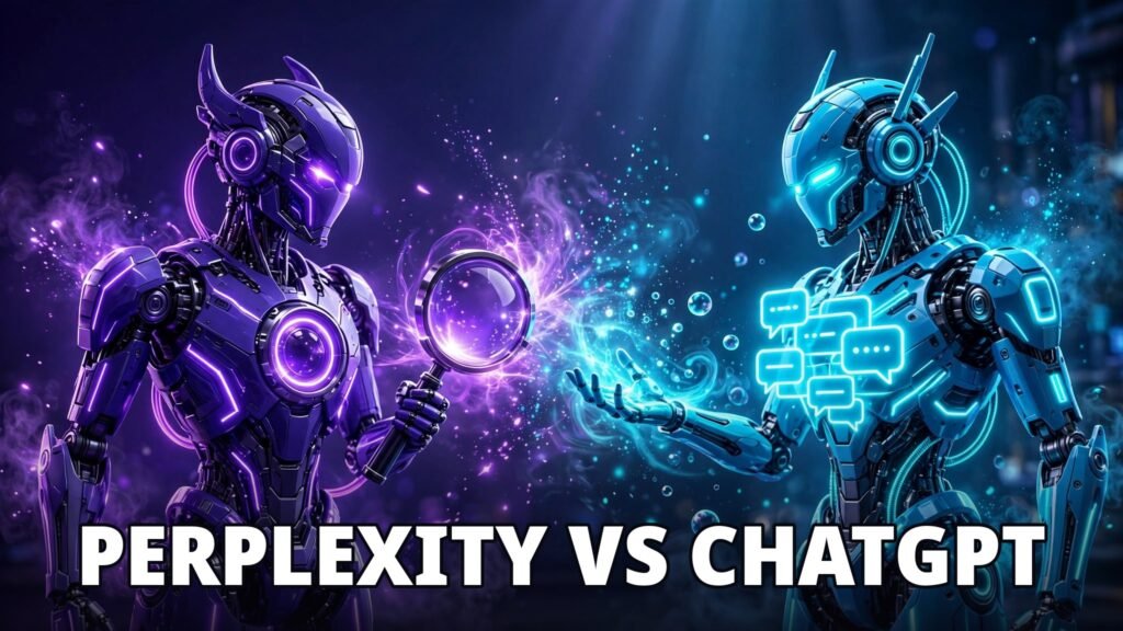 Perplexity AI vs ChatGPT comparison — neon purple vs cyan AI assistants