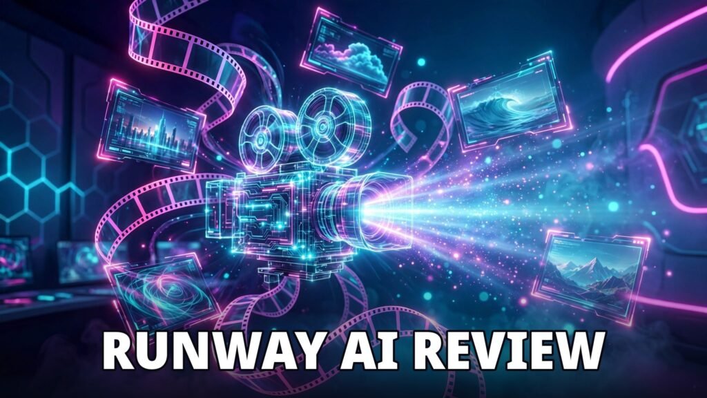 Runway AI video review: holographic AI video studio control room