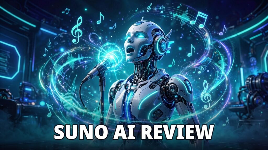 Suno AI review featured image of an AI music studio